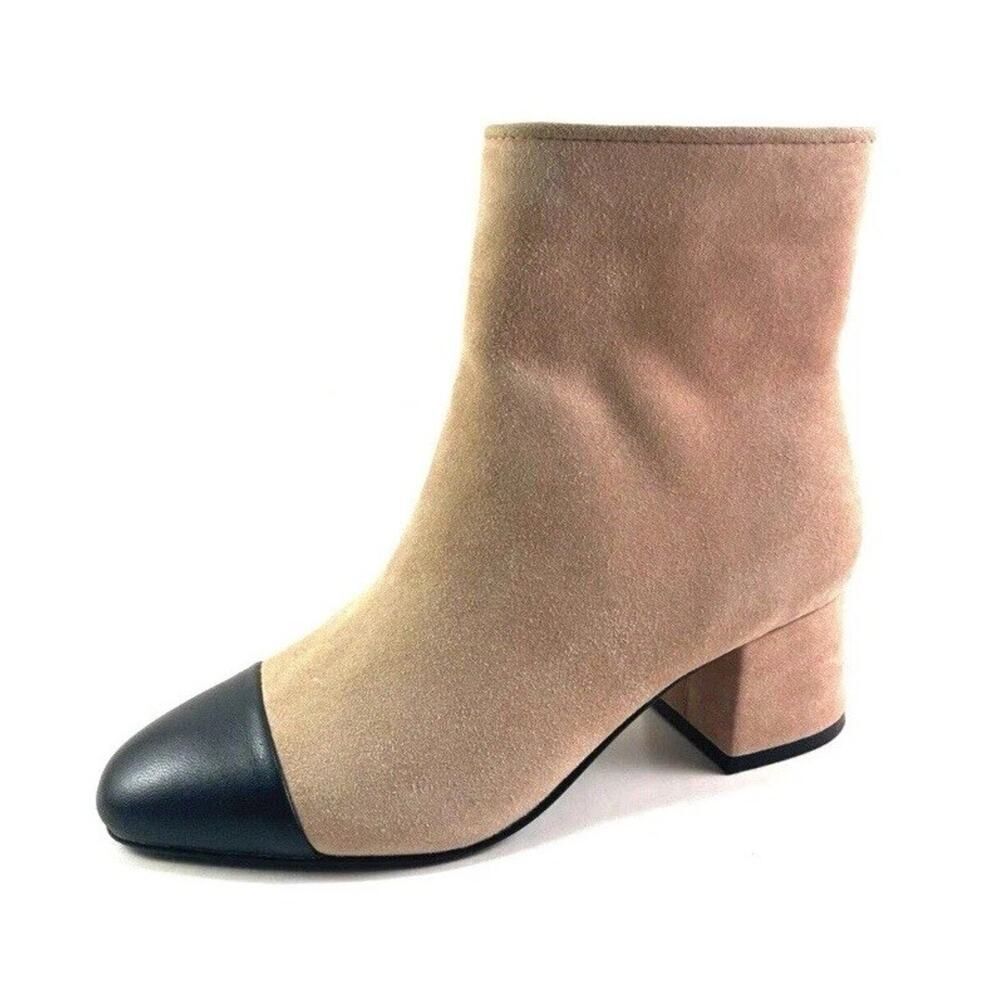 Steve Madden Eiffel Cap Toe Suede Ankle Boots Beige Black Block Heel 9